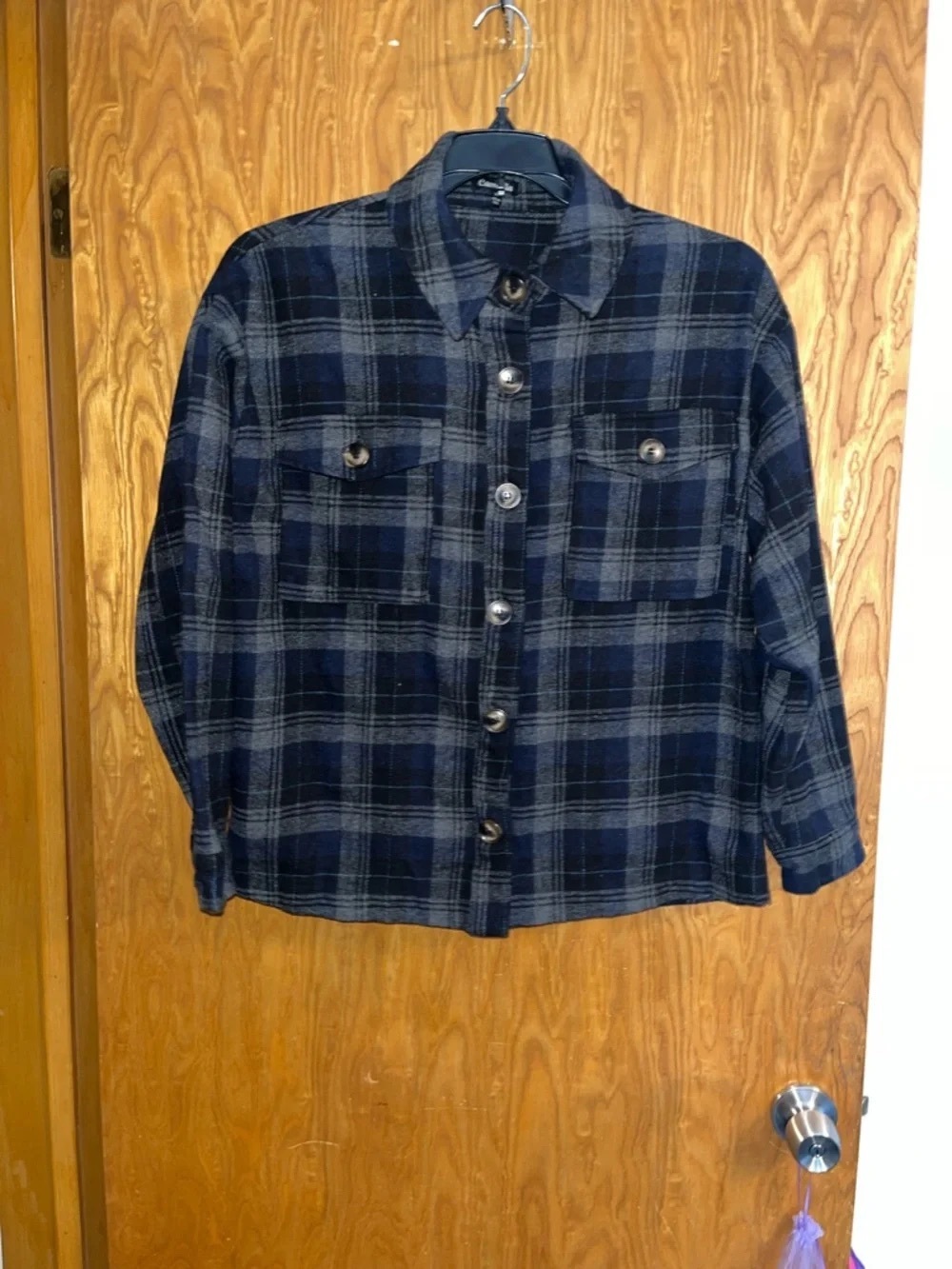 Men's Navy and Gray Plaid Button-Up Jacket